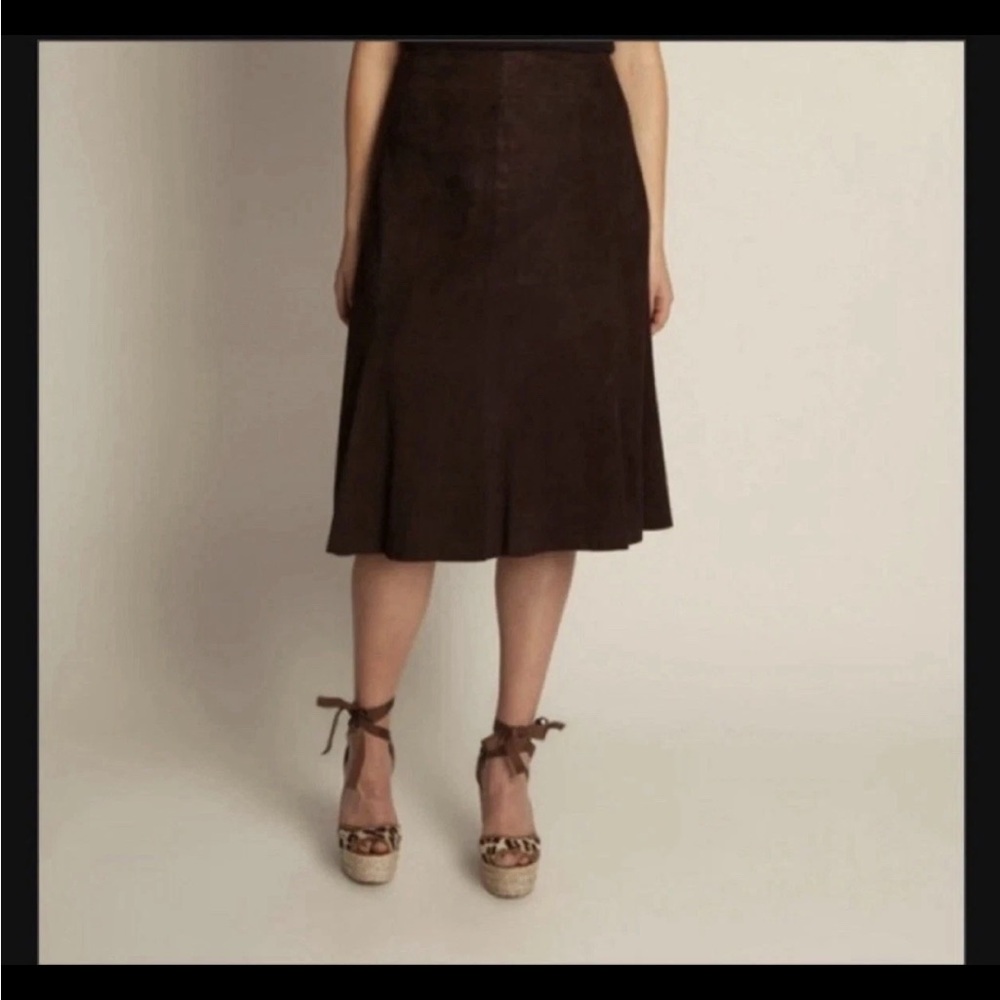Eileen Fisher vintage chocolate goat suede Midi A-Line Skirt - Picture 2 of 5